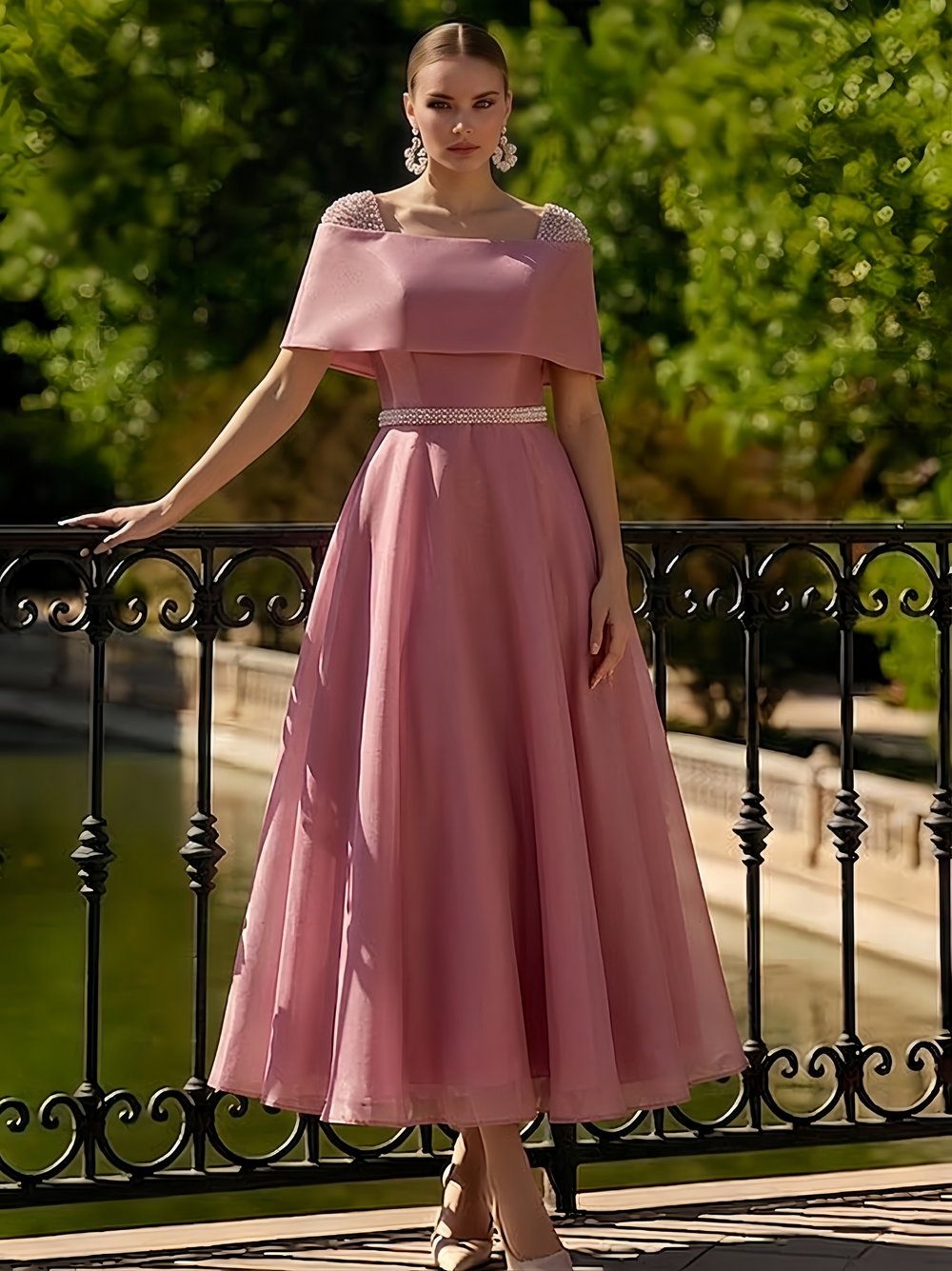 A Line Cocktail Dress Tea Length Cocktail Dresses Elegant Short Sleeve Boat Neck Garden Party Wedding Organza with Beaded Pleats Pearls