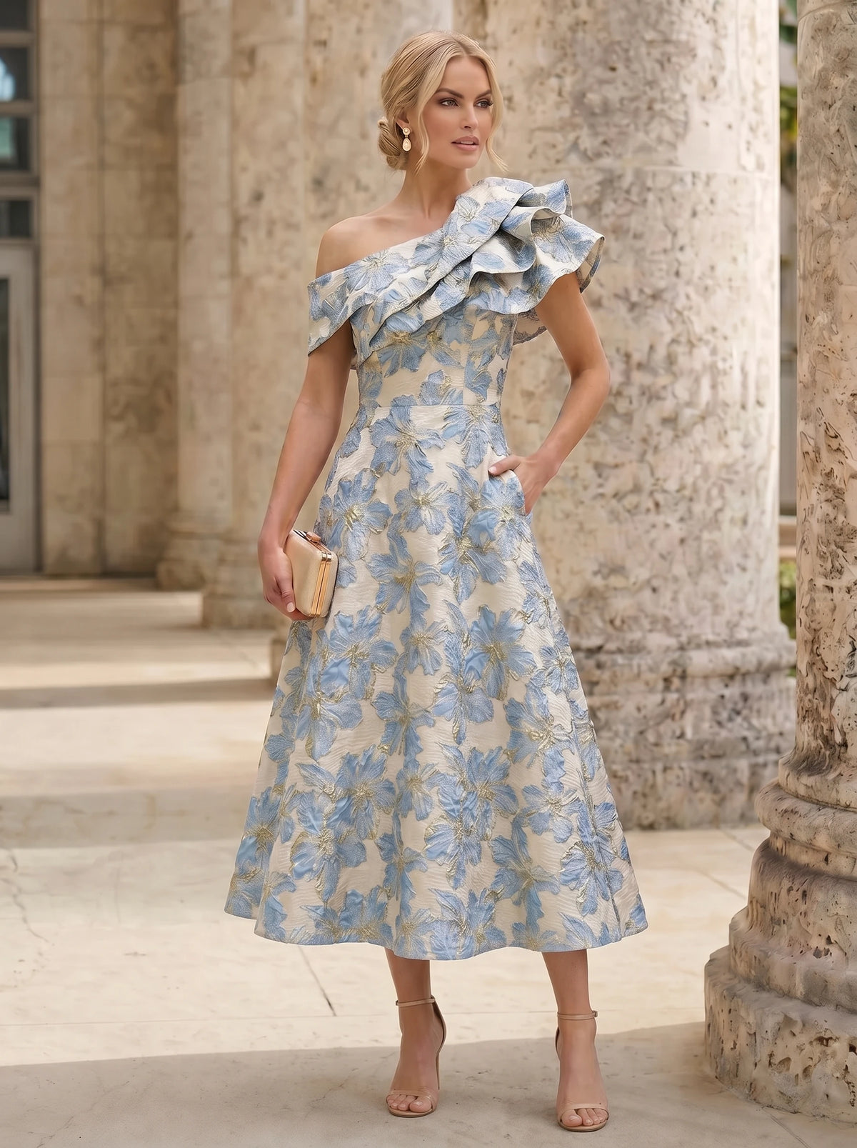 A-Line Mother Of The Bride Dresses Elegant Jacquard Floral Dress Tea-Length With Shoulder Flower Short Sleeves One Shouldr Pocket Zipper