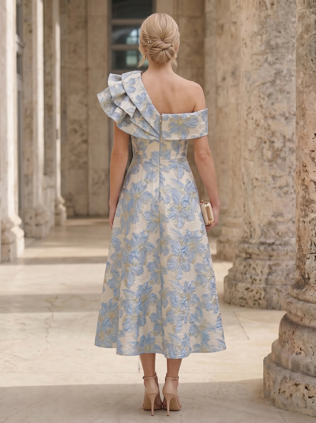 Nafori Dusty Blue A-Line Mother Of The Bride Dresses Elegant Jacquard Floral Dress Tea-Length With Shoulder Flower Short Sleeves One Shouldr Pocket