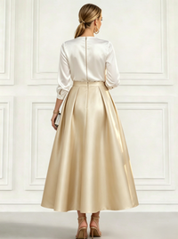 A-Line Cocktail Dress Tea Length Party Dresses Elegant Long Sleeve V Neck Wedding Party Wear Satin with Pleats