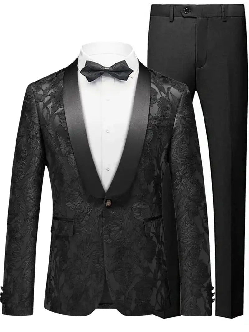 Men's Prom Suit 2-Piece Fashionable Stylish Jacquard Black Wedding Party Prom Suits Attire