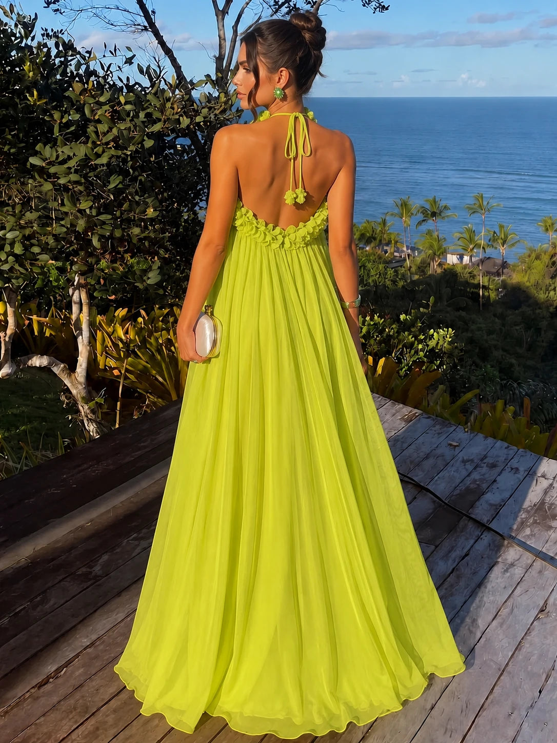 Nafori Lime Green A-Line Formal Dresses Chiffon Halter Neck 3D Flower Floor-Length Sleeveless Tent Dress Wedding Guest 2026