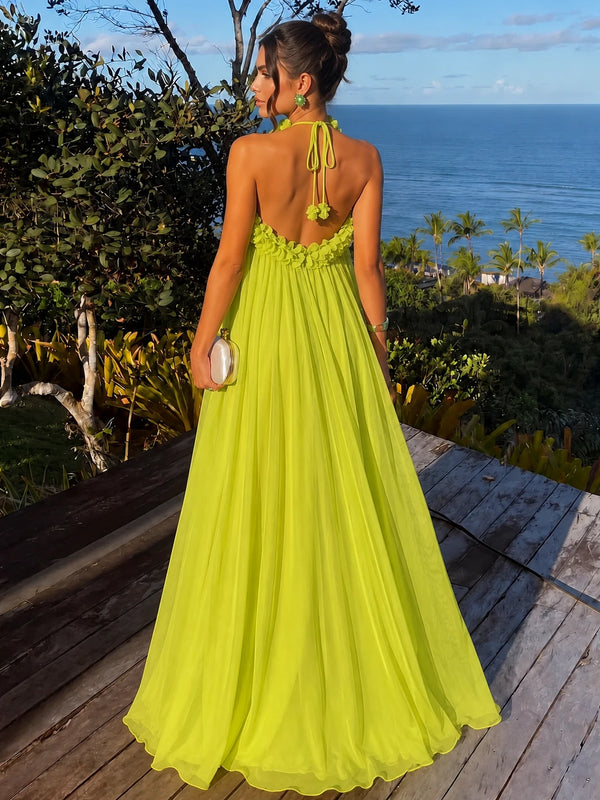 A-Line/Princess Evening Dresses Formal Dresses Chiffon Halter With 3D Flowers Sleeveless Floor-Length Pleated Tent Dresses