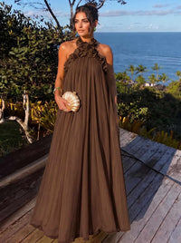 A-Line/Princess Formal Dresses Chiffon Halter With 3D Flowers Sleeveless Floor-Length Pleated Tent Dresses