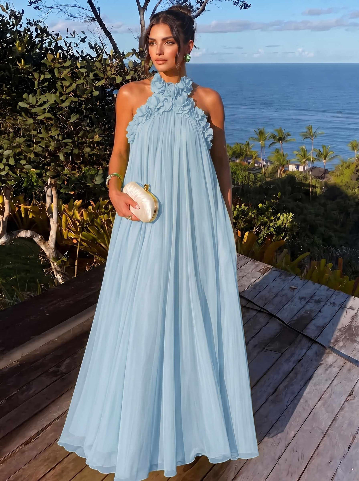 A-Line/Princess Formal Dresses Chiffon Halter With 3D Flowers Sleeveless Floor-Length Pleated Tent Dresses