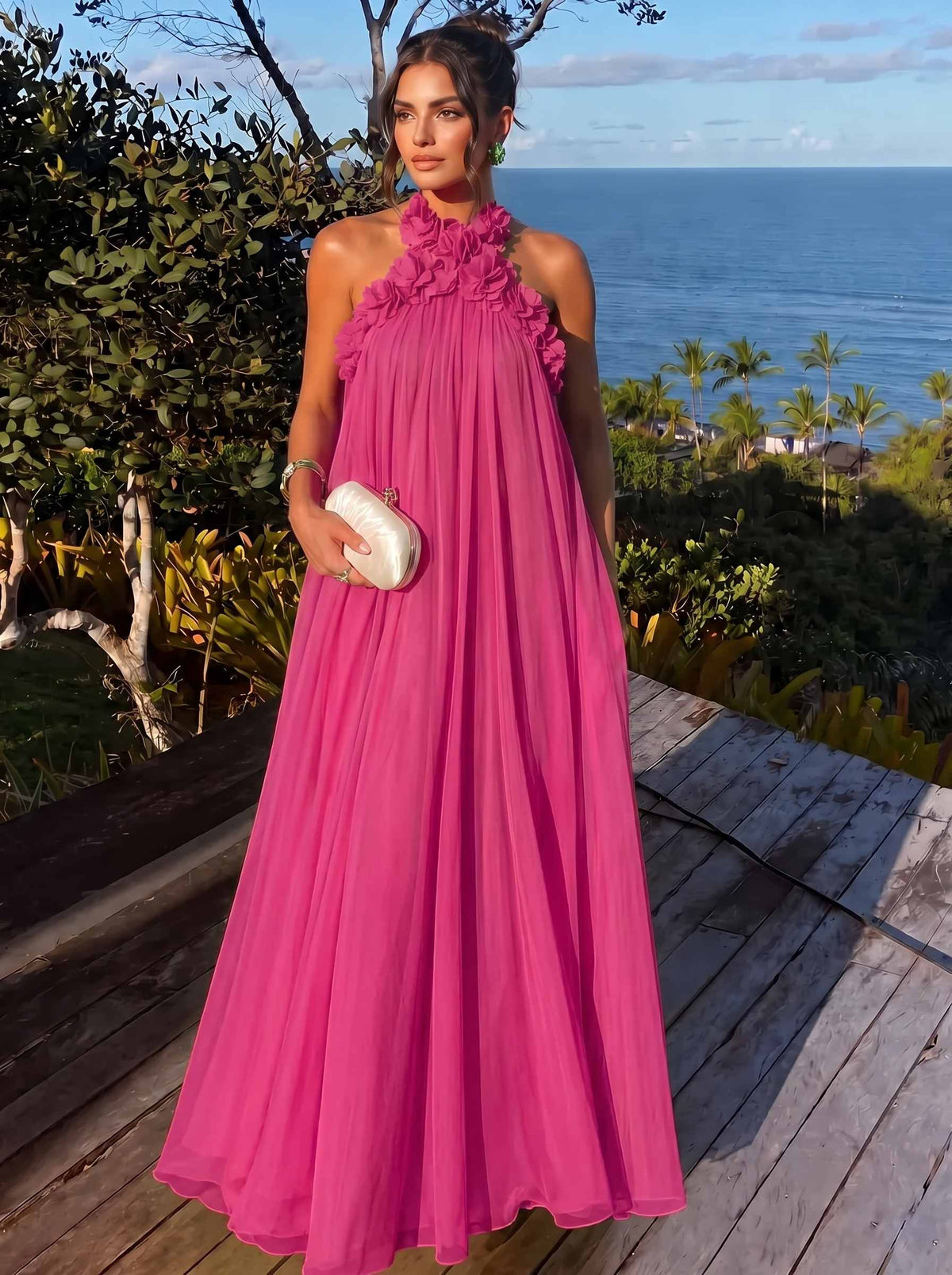 A-Line/Princess Formal Dresses Chiffon Halter With 3D Flowers Sleeveless Floor-Length Pleated Tent Dresses