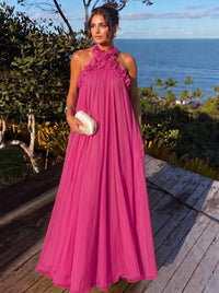 A-Line/Princess Formal Dresses Chiffon Halter With 3D Flowers Sleeveless Floor-Length Pleated Tent Dresses