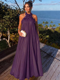 A-Line/Princess Formal Dresses Chiffon Halter With 3D Flowers Sleeveless Floor-Length Pleated Tent Dresses