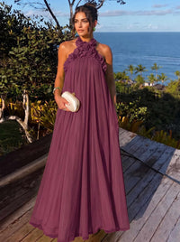 A-Line/Princess Formal Dresses Chiffon Halter With 3D Flowers Sleeveless Floor-Length Pleated Tent Dresses