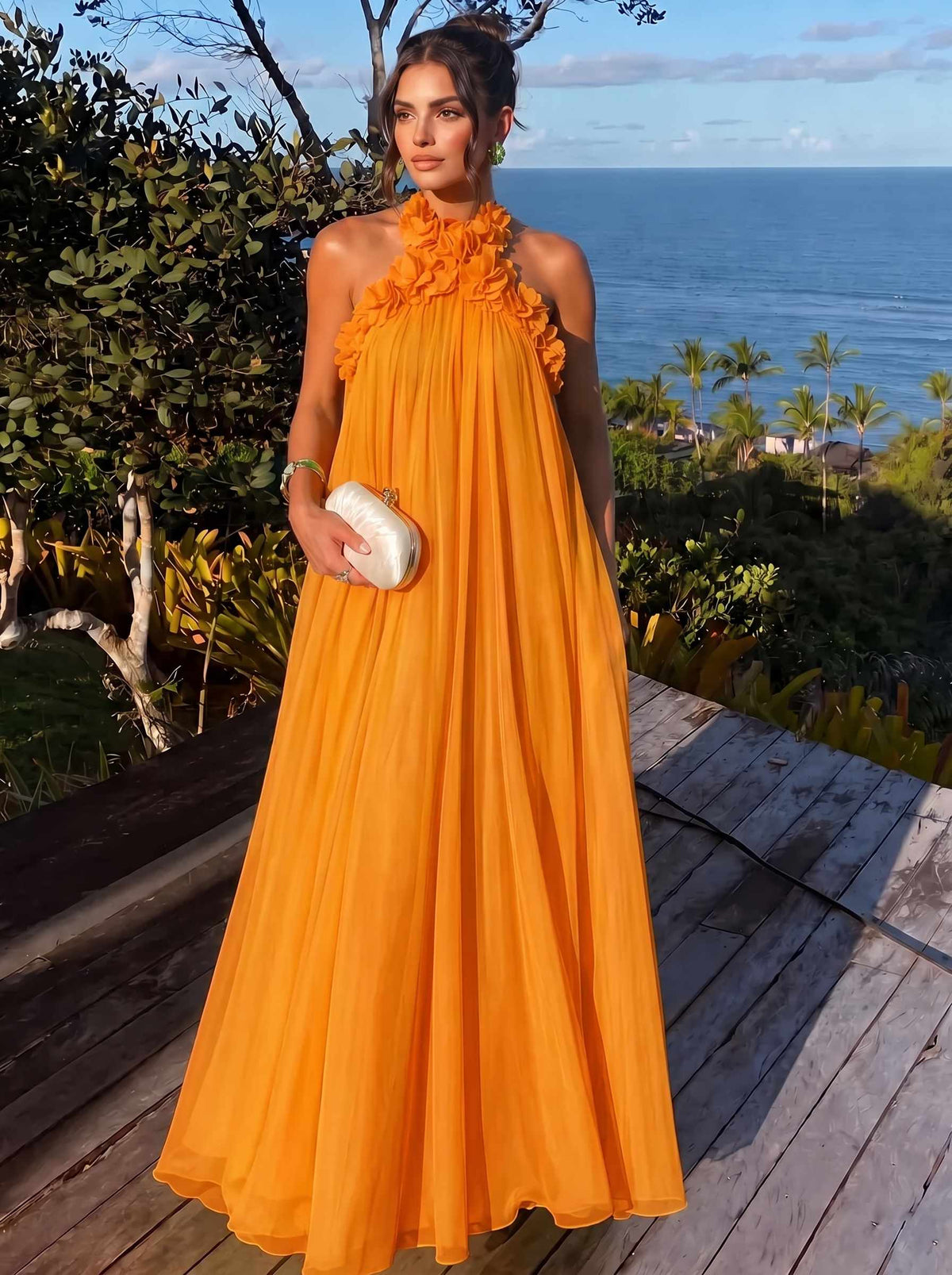 A-Line/Princess Formal Dresses Chiffon Halter With 3D Flowers Sleeveless Floor-Length Pleated Tent Dresses