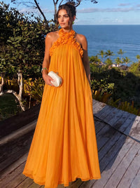 A-Line/Princess Formal Dresses Chiffon Halter With 3D Flowers Sleeveless Floor-Length Pleated Tent Dresses
