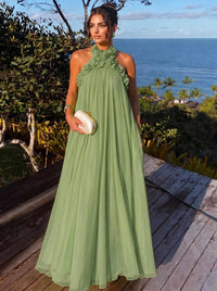 A-Line/Princess Formal Dresses Chiffon Halter With 3D Flowers Sleeveless Floor-Length Pleated Tent Dresses