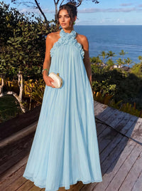 A-Line/Princess Formal Dresses Chiffon Halter With 3D Flowers Sleeveless Floor-Length Pleated Tent Dresses