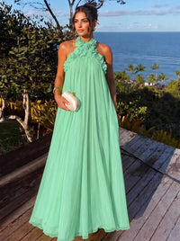A-Line/Princess Formal Dresses Chiffon Halter With 3D Flowers Sleeveless Floor-Length Pleated Tent Dresses