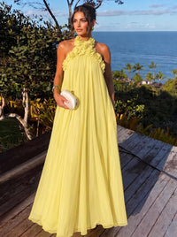 A-Line/Princess Formal Dresses Chiffon Halter With 3D Flowers Sleeveless Floor-Length Pleated Tent Dresses