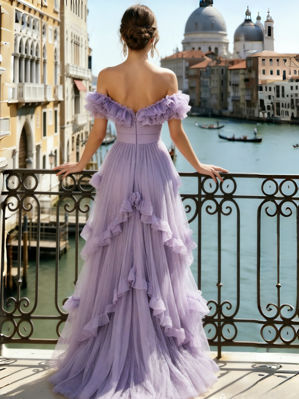 A-Line/Princess Prom Off-the-Shoulder Long Lavender Ruffle Floor Length Prom Dress
