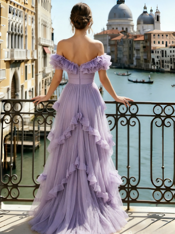 A-Line/Princess Prom Off-the-Shoulder Long Lavender Ruffle Floor Length Prom Dress
