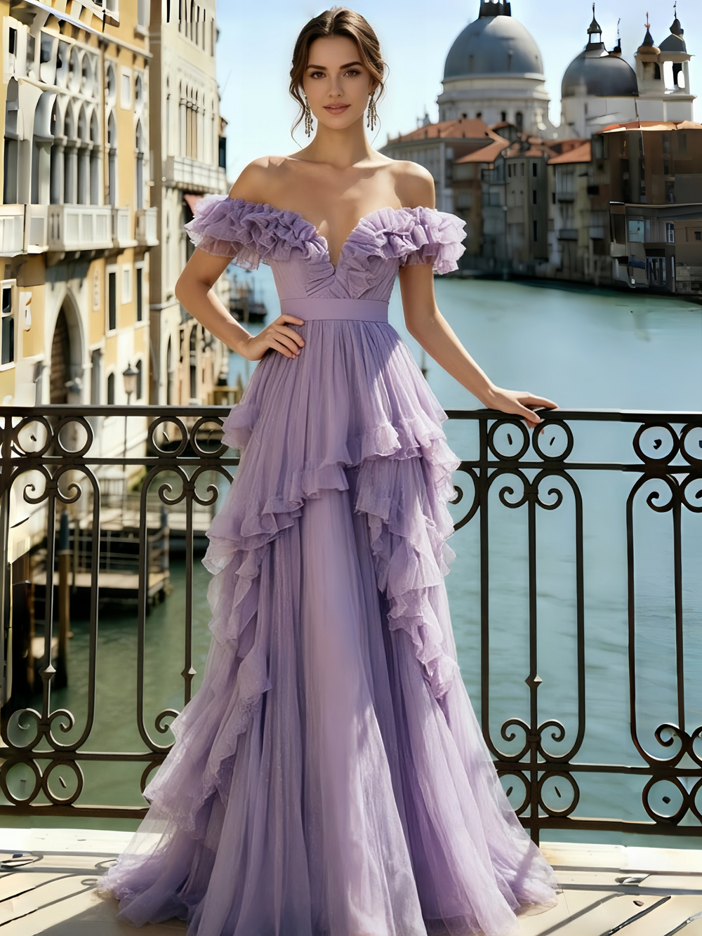 A-Line/Princess Prom Off-the-Shoulder Long Lavender Ruffle Floor Length Prom Dress