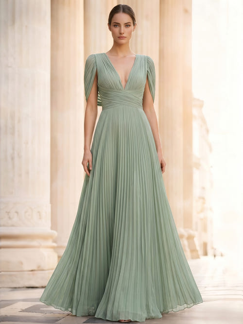 A-Line/Princess Evening Dresses V-Neck Short Sleeves Floor-Length Formal Gown with Ruched Cowl Back