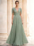 A-Line/Princess Evening Dresses V-Neck Short Sleeves Floor-Length Formal Gown with Ruched Cowl Back