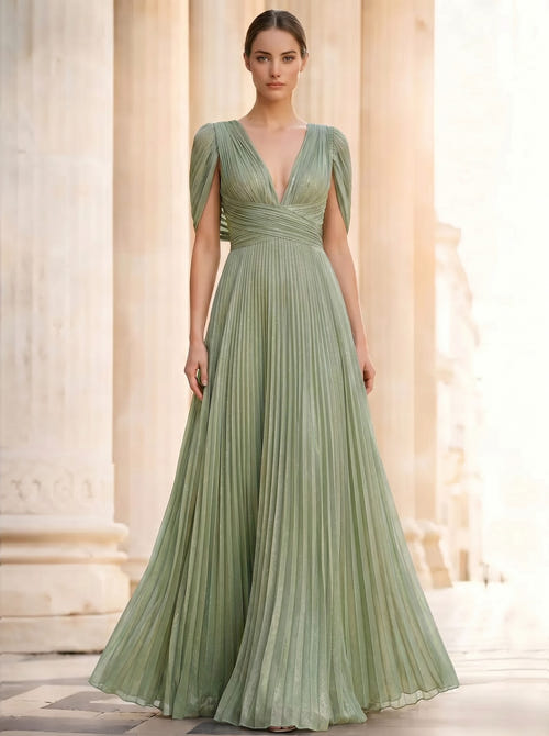 A-Line/Princess Evening Dresses V-Neck Short Sleeves Floor-Length Formal Gown with Ruched Cowl Back