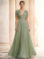 A-Line/Princess Evening Dresses V-Neck Short Sleeves Floor-Length Formal Gown with Ruched Cowl Back