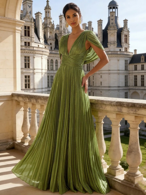A-Line/Princess Evening Dresses V-Neck Short Sleeves Floor-Length Formal Gown with Ruched Cowl Back
