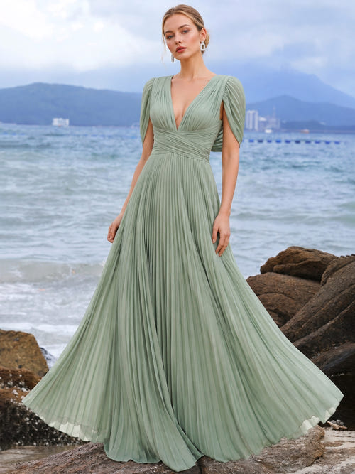 A-Line/Princess Evening Dresses V-Neck Short Sleeves Floor-Length Formal Gown with Ruched Cowl Back