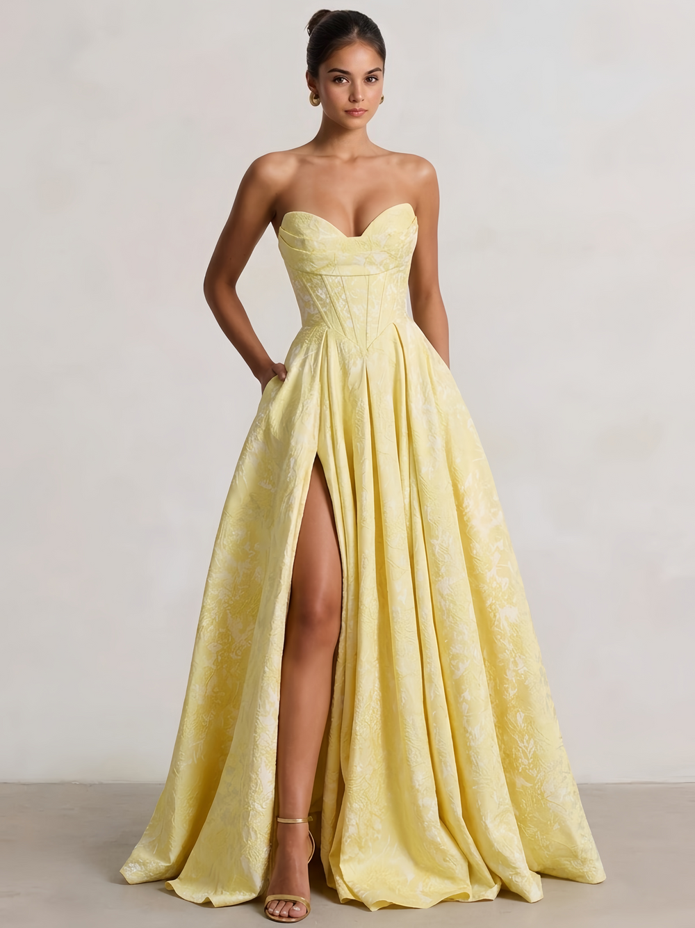 A-Line/Princess Prom Dresses Basque Waist Strapless Floor-Length Side Slit With Back Lace-Up Pocket