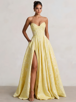 A-Line/Princess Prom Dresses Basque Waist Strapless Floor-Length Side Slit With Back Lace-Up Pocket