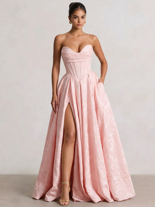 A-Line/Princess Prom Dresses Basque Waist Strapless Floor-Length Side Slit With Back Lace-Up Pocket