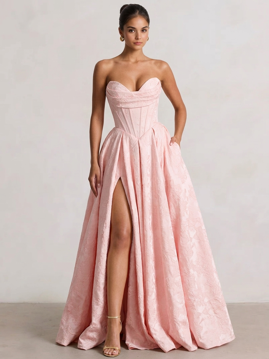 A-Line/Princess Prom Dresses Basque Waist Strapless Floor-Length Side Slit With Back Lace-Up Pocket