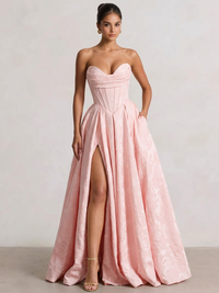 A-Line/Princess Prom Dresses Basque Waist Strapless Floor-Length Side Slit With Back Lace-Up Pocket