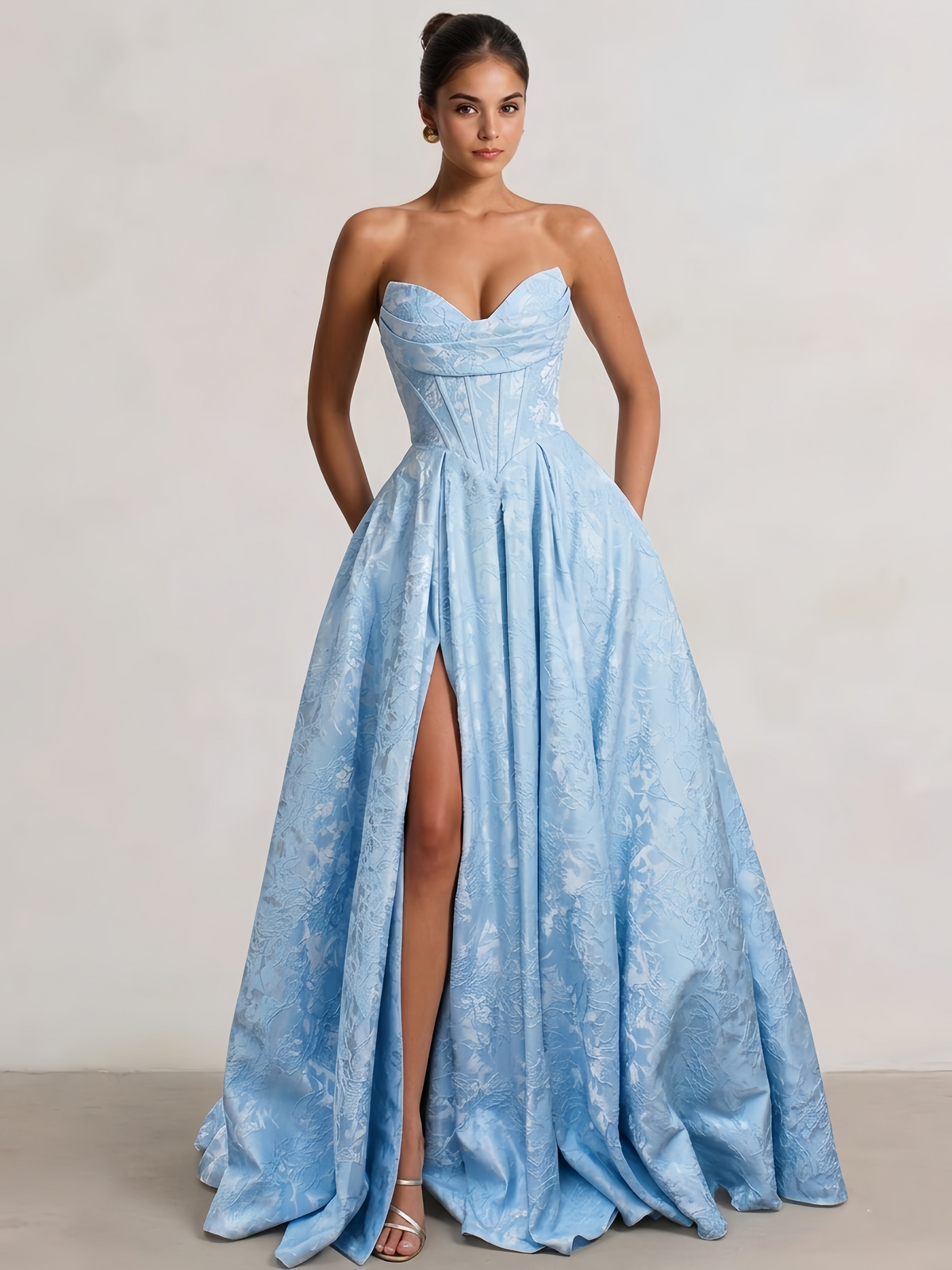 A-Line/Princess Prom Dresses Basque Waist Strapless Floor-Length Side Slit With Back Lace-Up Pocket