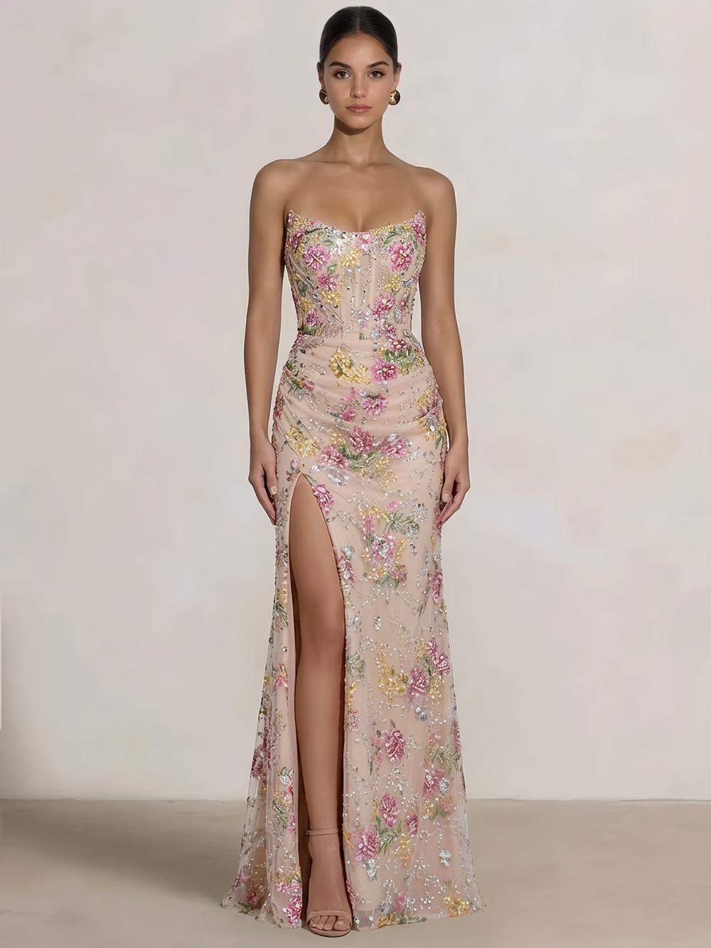 A-Line/Princess Prom Dresses Sparkly Floral Strapless Embroidery Floor-Length Corset Formal Gowns Ruched