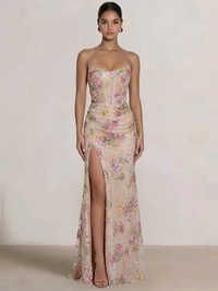 A-Line/Princess Prom Dresses Sparkly Floral Strapless Embroidery Floor-Length Corset Formal Gowns Ruched