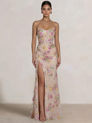 A-Line/Princess Prom Dresses Sparkly Floral Strapless Embroidery Floor-Length Corset Formal Gowns Ruched