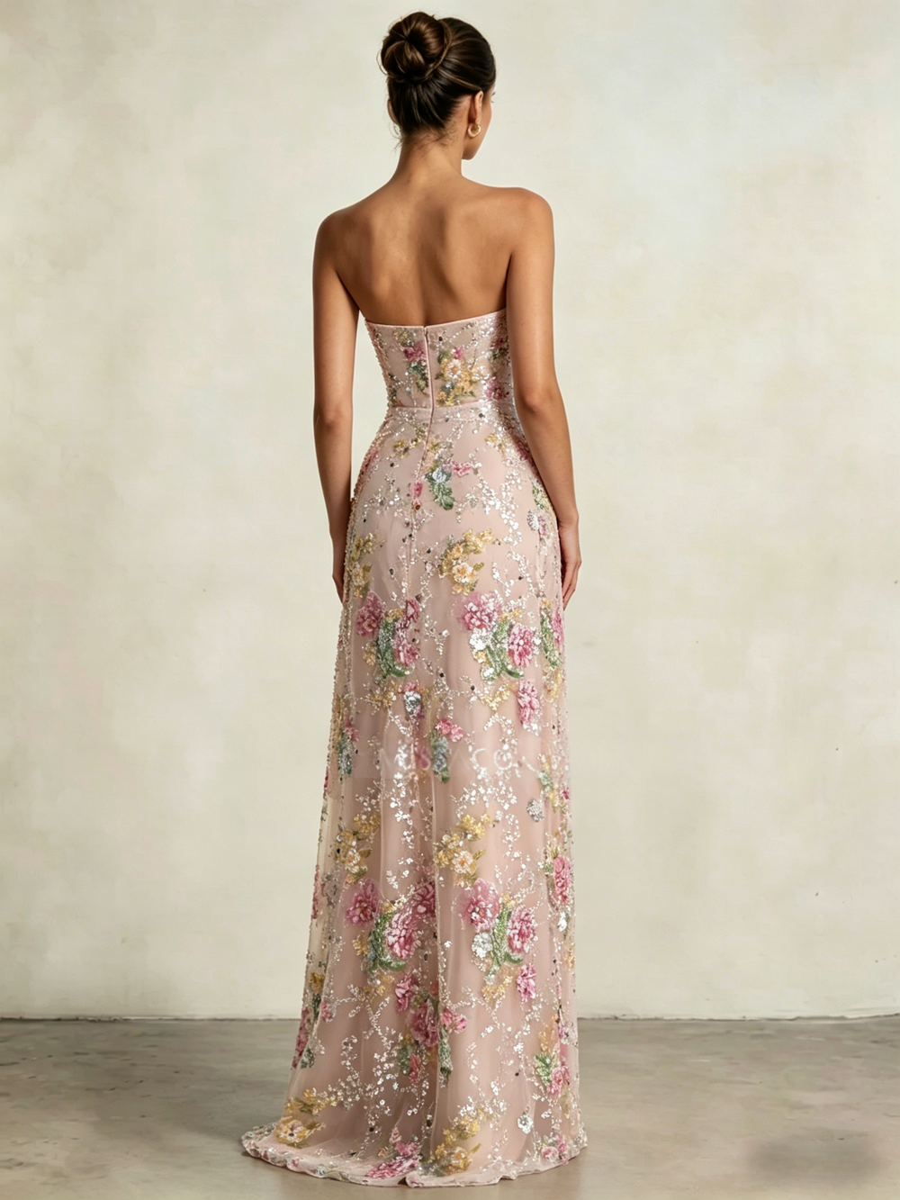 A-Line/Princess Prom Dresses Sparkly Floral Strapless Embroidery Floor-Length Corset Formal Gowns Ruched