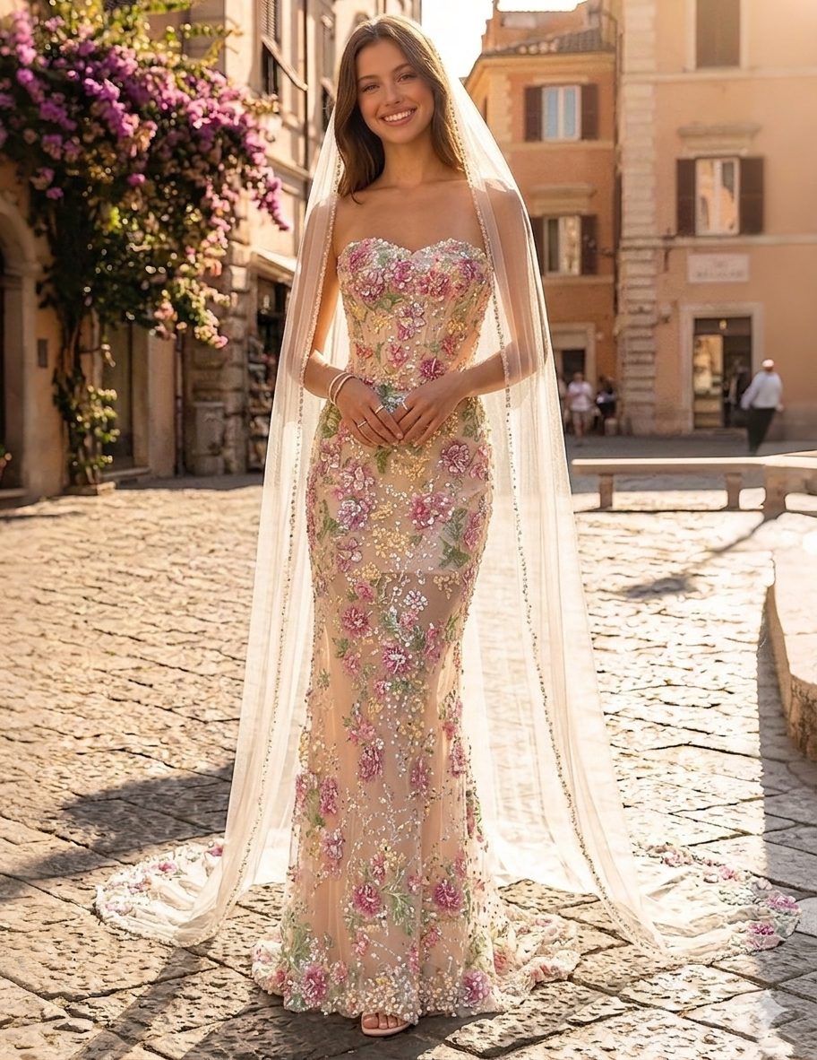 Trumpet/Mermaid Sequined Prom Dress Strapless Floor-length Sparkly Floral Formal Dress