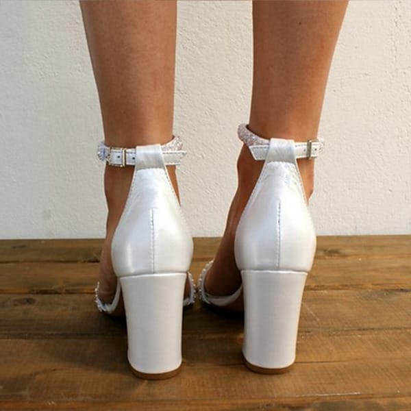 Women's Wedding Shoes Pearl Block Heel Ankle Strap Sandals Shoes Elegant Open Toe  Party Shoes
