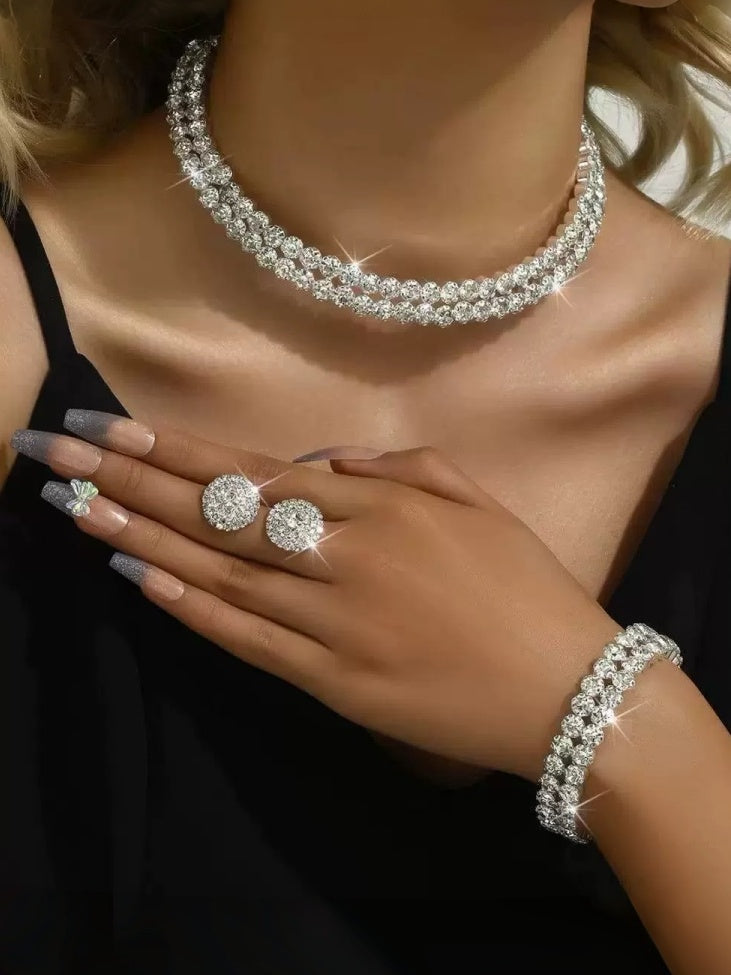 Elegant Stylish Double-layer Rhinestone Sparkling Choker Earrings Bracelet Set