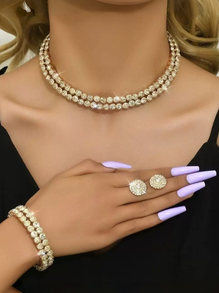Elegant Stylish Double-layer Rhinestone Sparkling Choker Earrings Bracelet Set