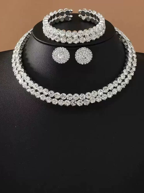 Elegant Stylish Double-layer Rhinestone Sparkling Choker Earrings Bracelet Set