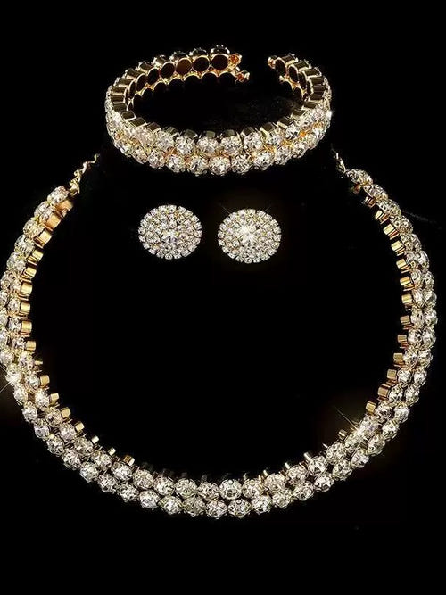 Elegant Stylish Double-layer Rhinestone Sparkling Choker Earrings Bracelet Set
