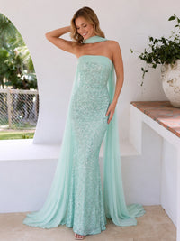 Mermaid / Trumpet Evening Gown Elegant Sequins Dress Formal Wedding Floor Length Sleeveless Strapless Mint Green Sequined With Floating Chiffon Cape