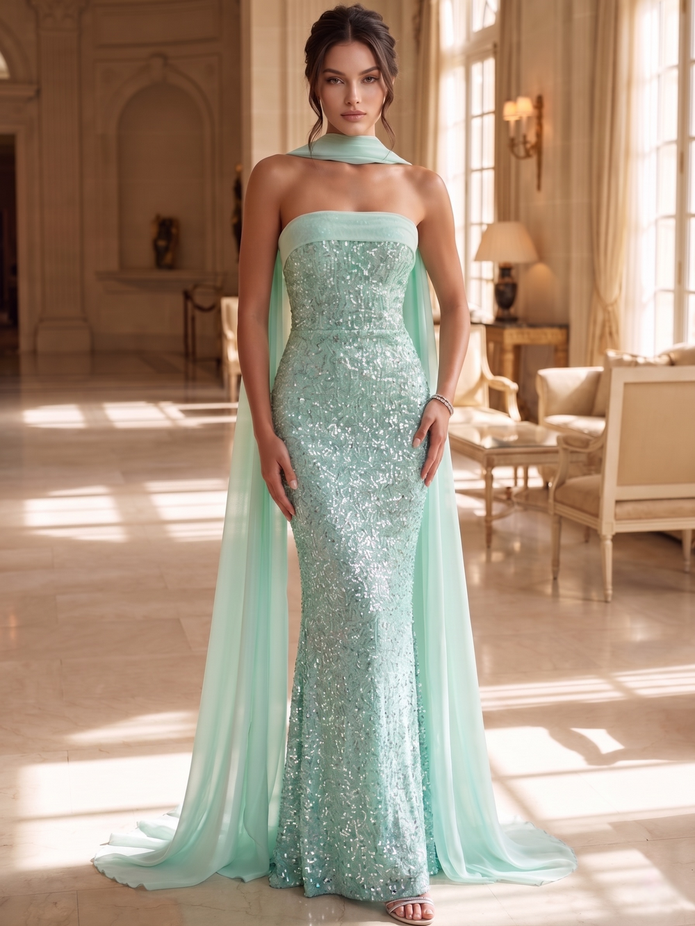 Mermaid / Trumpet Evening Gown Elegant Sequins Dress Formal Wedding Floor Length Sleeveless Strapless Mint Green Sequined With Floating Chiffon Cape