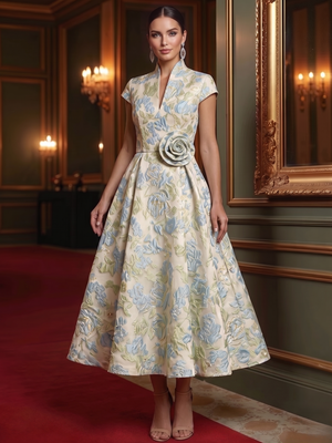 A-Line/Princess Cocktail Dresses Formal V Neck Satin Jacquard Short Sleeves Corset Tea Length with Floral Jacquard