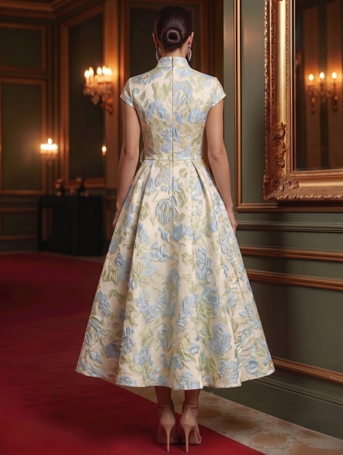 A-Line/Princess Cocktail Dresses Formal V Neck Satin Jacquard Short Sleeves Corset Tea Length with Floral Jacquard