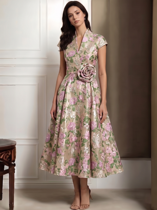A-Line/Princess Cocktail Dresses Formal V Neck Satin Jacquard Short Sleeves Corset Tea Length with Floral Jacquard