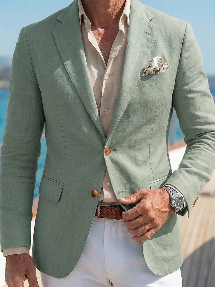 Men's Tailored Fit Coral Linen Blend Single-Breasted 2-Button Smart Casual Wedding Blazer